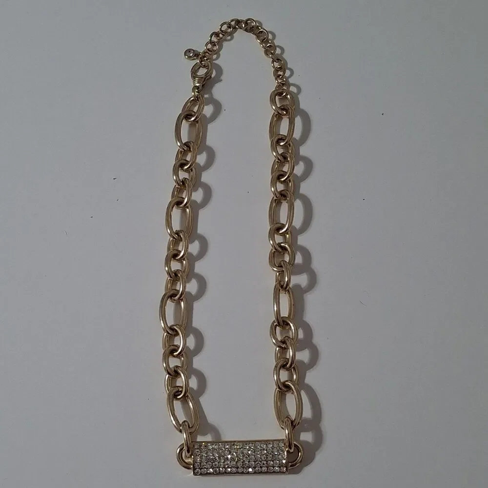 Shiny Gold Tone Chain Rectangular Bar Shape Geometric Rhinestone Necklace
